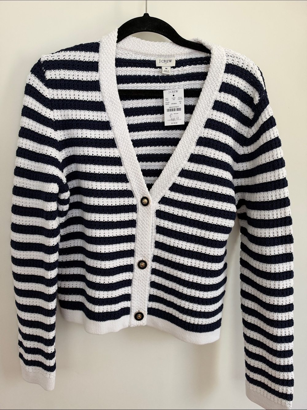 J. Crew Navy and White Striped V‑Neck Cardigan Sweater size M NWT